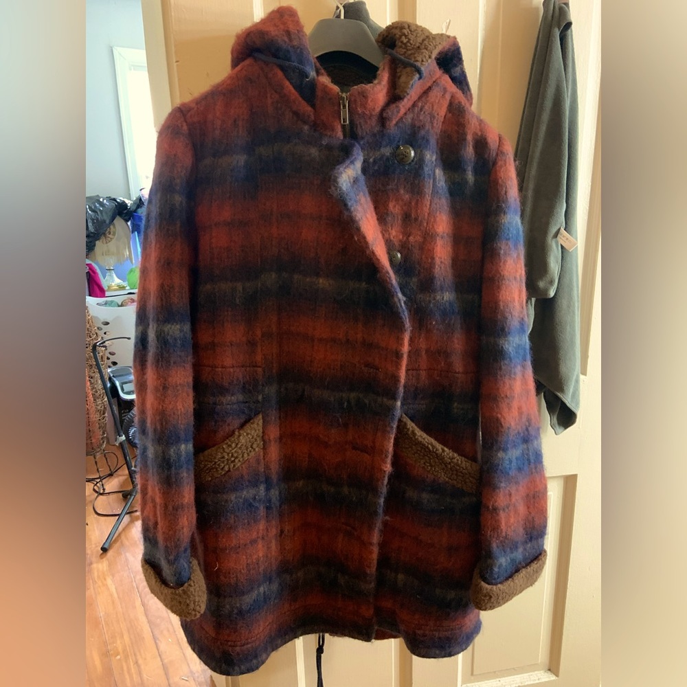 Red plaid wool duffle retro coat